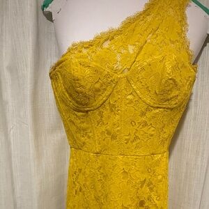 Lace one shoulder yellow mini dress BCBG